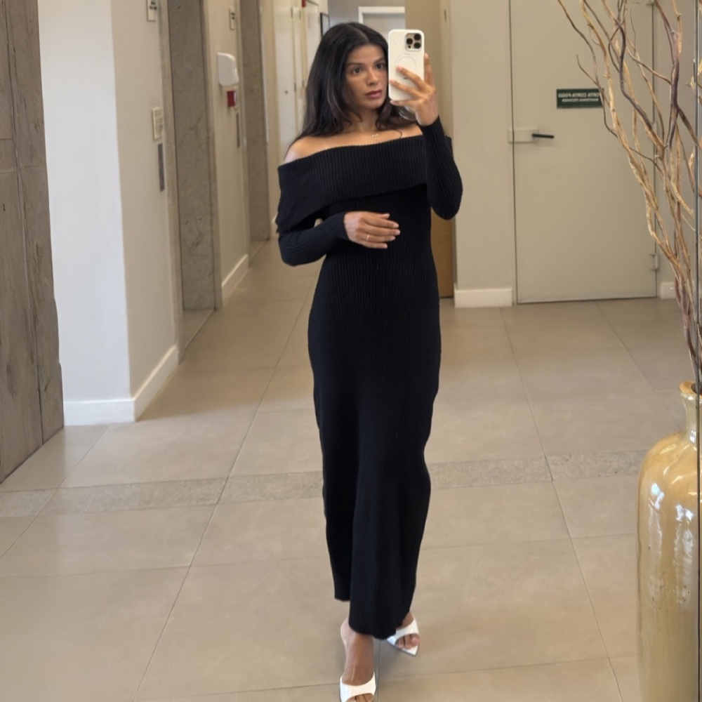 Vestido Modal Canelado Ombro a Ombro Midi com Manga Longa - Preto