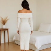 Vestido Modal Canelado Ombro a Ombro Midi com Manga Longa - Off