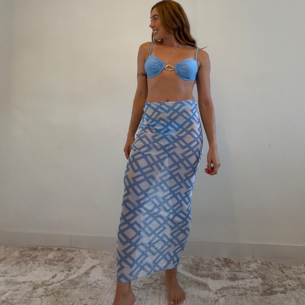 Kit Biquini e Saída Estampa Gráfica Detalhe Metal No Top - Azul