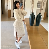 Vestido De Tricot Graça Canelado Midi Com Fendas - Areia