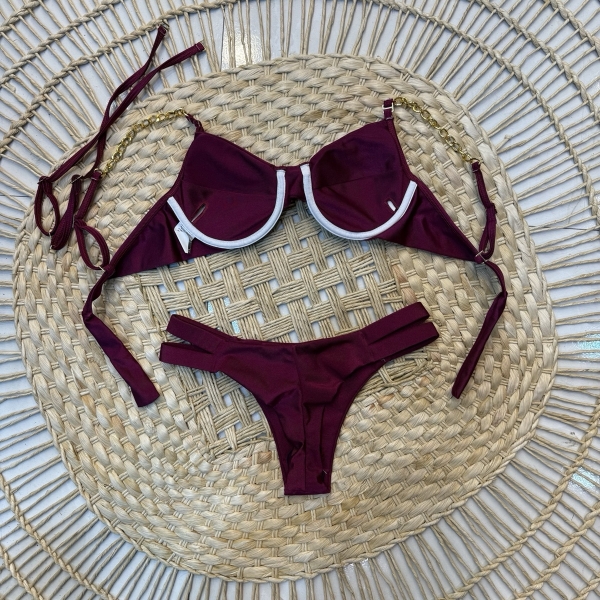 Biquíni  com Duas Alças Corrente e Lisa Calcinha com Tiras - Vinho