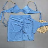 Kit 03 Itens Biquíni Corrente E Lisa Calcinha Com Tiras - Azul-aço