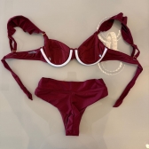 Biquíni Hot Pants De Babado Meia Taça Calcinha Fio Duplo - Vinho