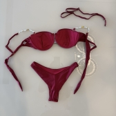 Kit 3 Pçs Biquíni Feminino + Pareô Alças Removíveis Pérolas - Fuscia