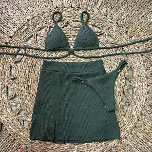 Saia Tecido Texturizado Saída de Praia Com Fenda Ref:0400139 - Verde Militar