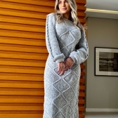 Vestido De Tricot Mousse Midi Forma Geométrica Corrente Nas Mangas - Cinza claro
