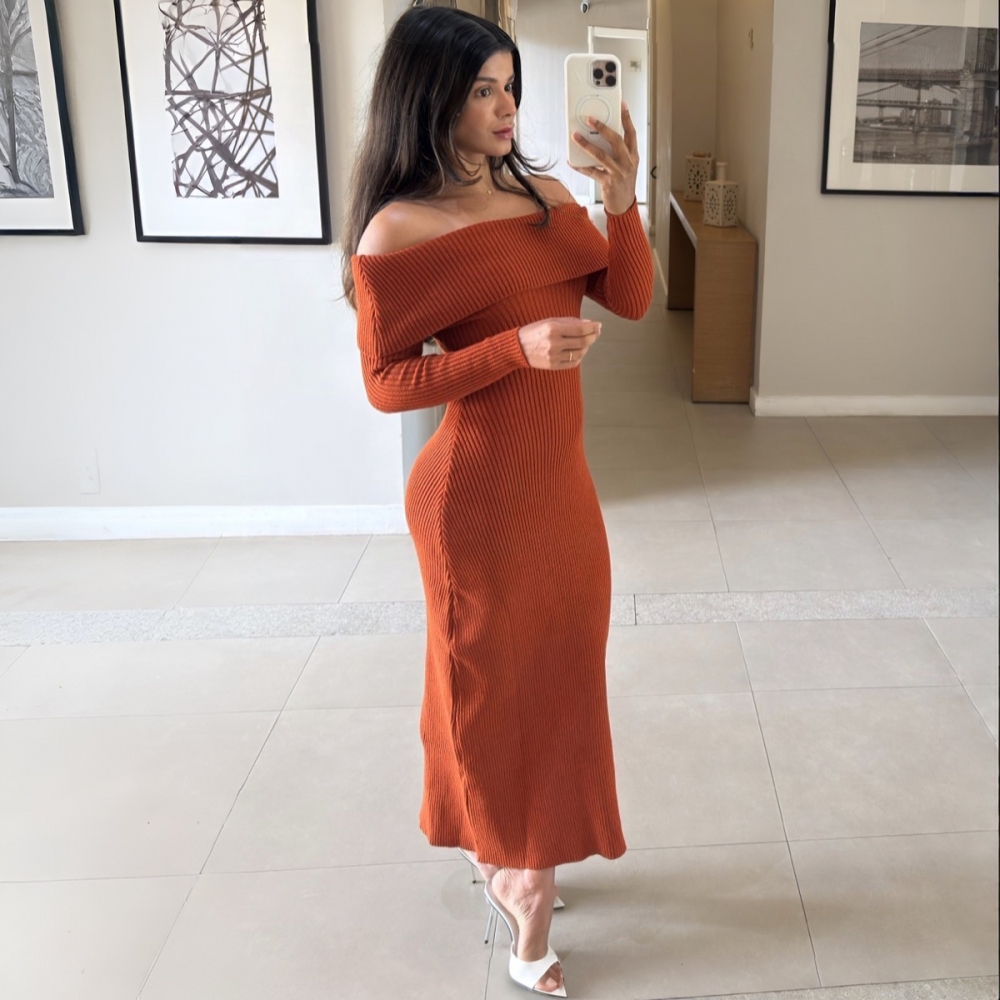 Vestido Modal Canelado Ombro a Ombro Midi com Manga Longa - Telha