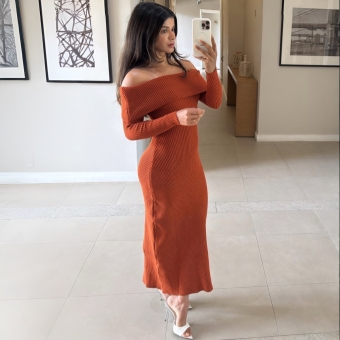 Vestido Modal Canelado Ombro a Ombro Midi com Manga Longa