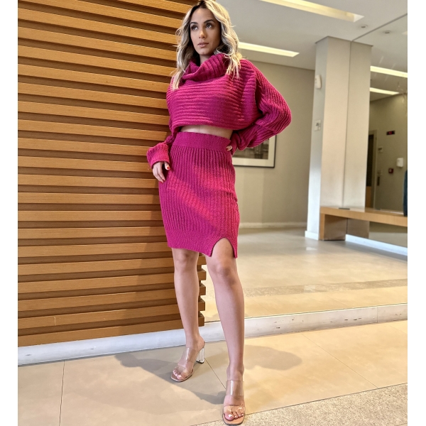 Conjunto Canelado Blusa Com Gola Boba e Saia - Rosa