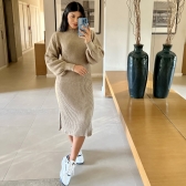 Vestido De Tricot Graça Canelado Midi Com Fendas - Bege
