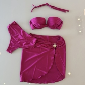 Kit 3 Itens Biquini Cintura Alta Top 2 Em 1 Bojo Estruturado - Fúscia
