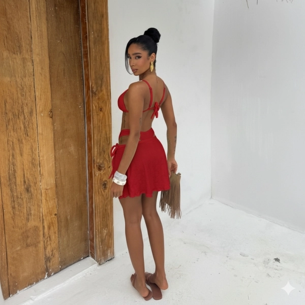 Biquíni Top Fixo Calcinha Asa Delta Fio Textura De Conchas - Vermelho