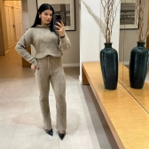 Conjunto De Tricot Mousse Feminino Com Blusa E Calça - Bege