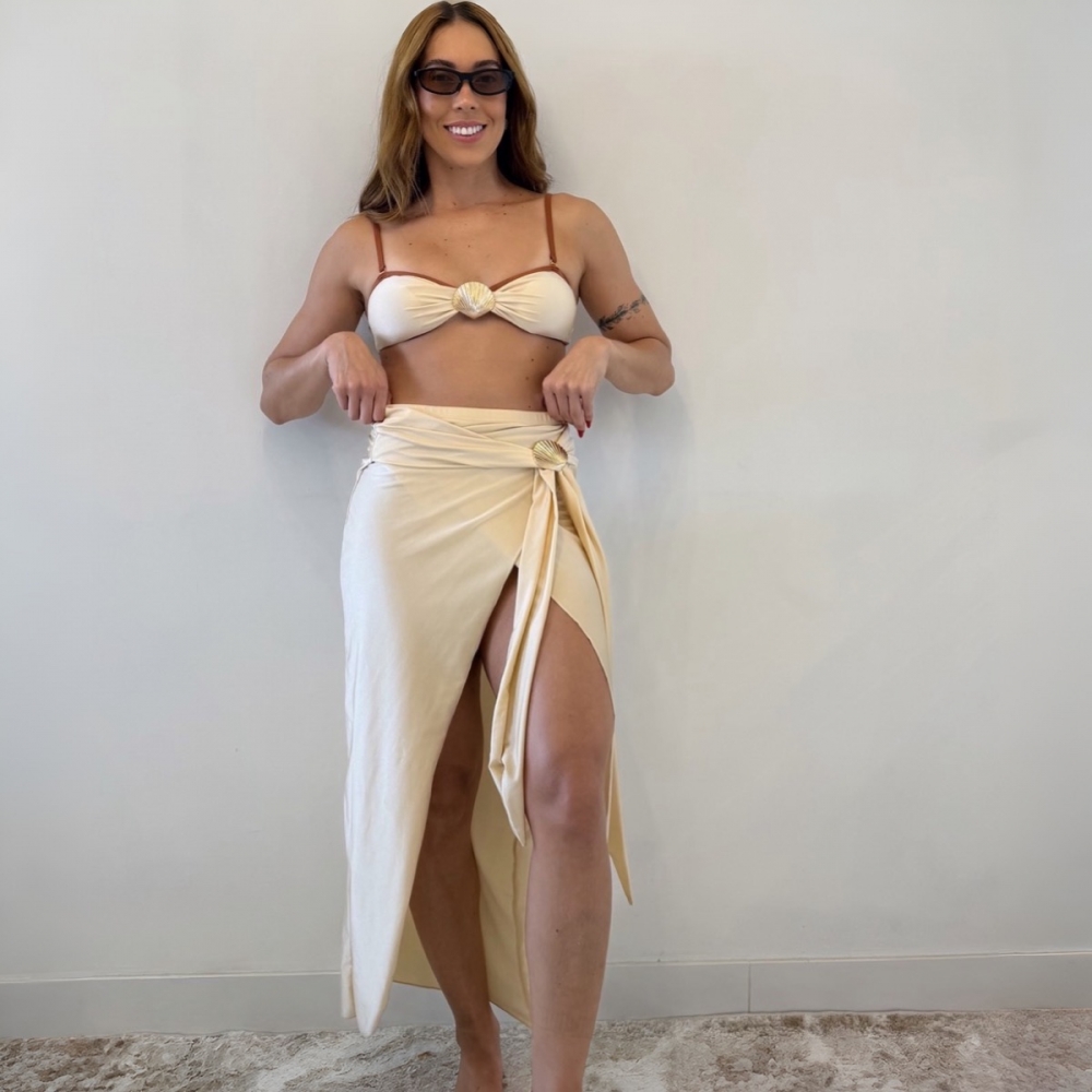 Kit 3 Itens Biquíni Bicolor Com Detalhe Concha Dourada Luxo - Creme e Marrom