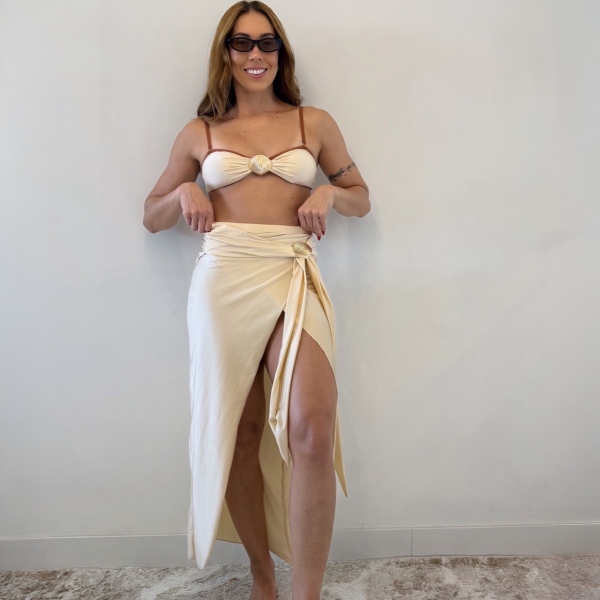 Kit 3 Itens Biquíni Bicolor Com Detalhe Concha Dourada Luxo - Creme e Marrom