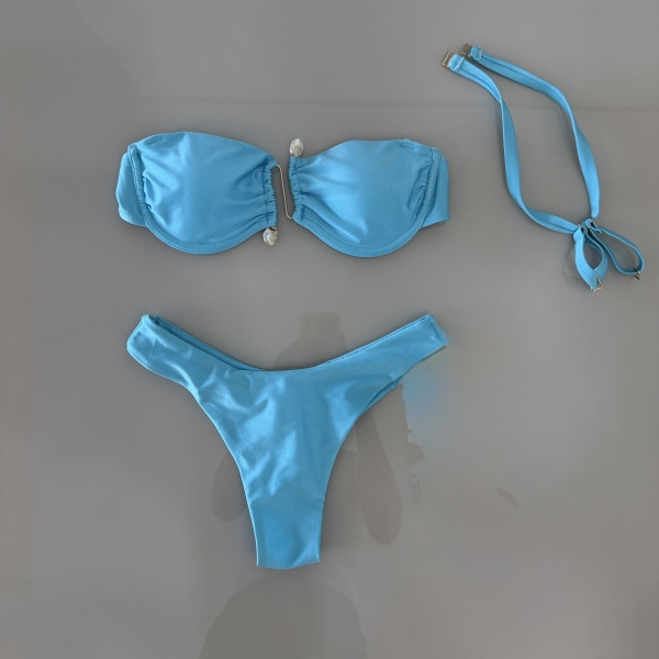 Kit Biquini Aplique Em Pedraria + Saia Com Amarração Frontal - Azul