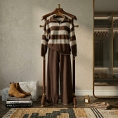 Conjunto Tricot Feminino Blusa Polo Listrada Zíper e Calça - Marrom