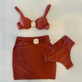 Trio De Biquíni Cintura Alta Saia E Top Com Detalhe Dourado - Marrom