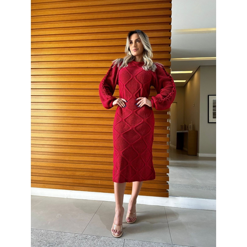 Vestido De Tricot Mousse Midi Forma Geométrica Corrente Nas Mangas - Vermelho