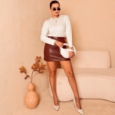 Saia De Couro Com Cinto E Zíper Lateral - Terracota