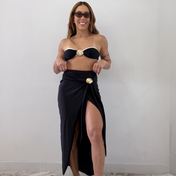 Kit 3 Itens Biquíni Bicolor Com Detalhe Concha Dourada Luxo - Preto e Branco