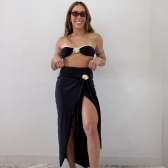 Kit 3 Itens Biquíni Bicolor Com Detalhe Concha Dourada Luxo - Preto e Branco