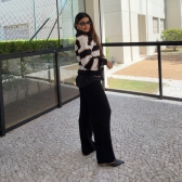 Conjunto Tricot Feminino Blusa Polo Listrada Zíper e Calça - Preto