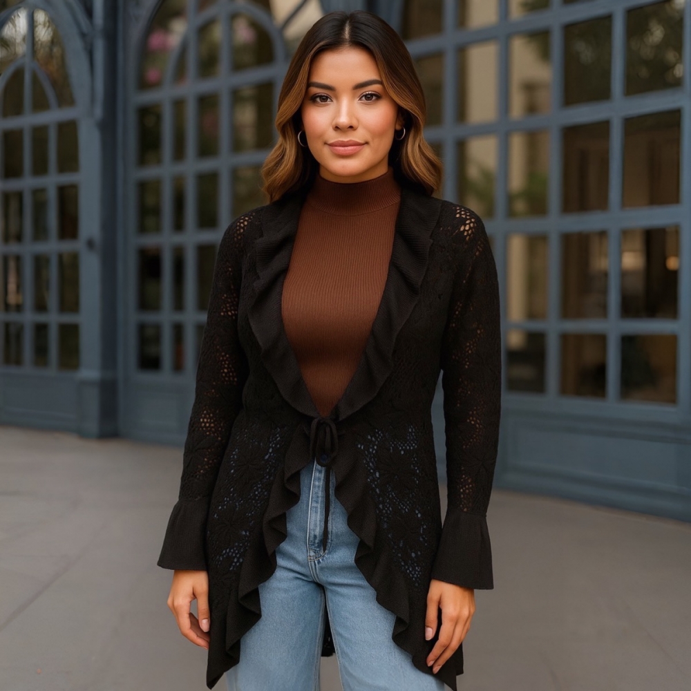 Casaco Feminino Tricot com Babados e Punho Flare - Preto