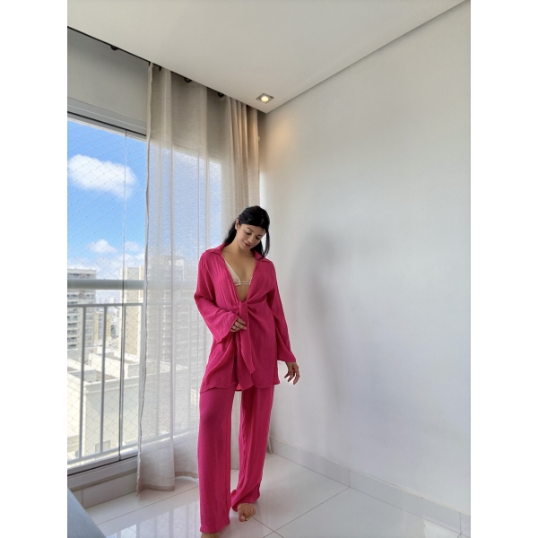 Blusa E Calça Em Tecido Leve  Saída De Praia Lisa - Pink