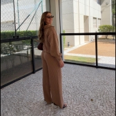 Conjunto Tricot Mousse Blusa Gola Polo Botões e Calça - Caramelo