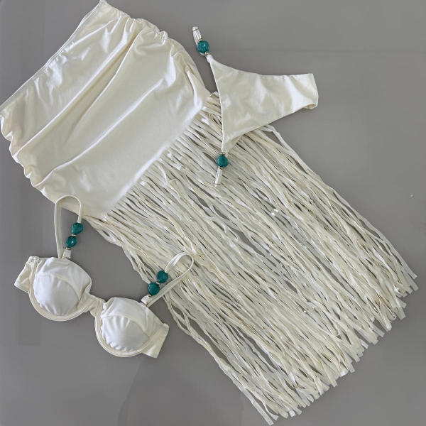 Triquini Saia Franja Longa Top E Calcinha Com Pedraria - Off White