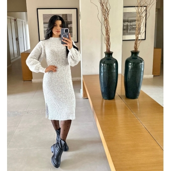 Vestido De Tricot Graça Canelado Midi Com Fendas