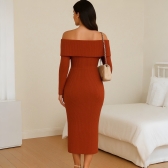 Vestido Modal Canelado Ombro a Ombro Midi com Manga Longa - Telha