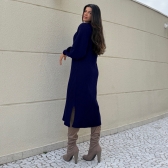 Vestido De Tricot Graça Canelado Midi Com Fendas - Azul Marinho