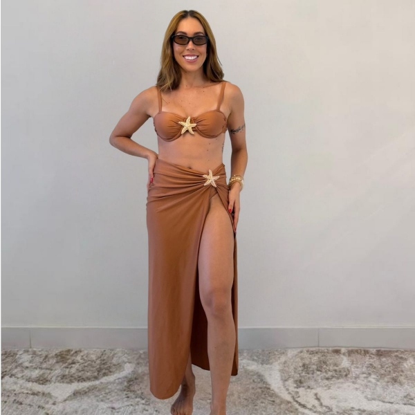 Kit 03 itens Biquíni Com Saída D Praia Longa Estrela Do Mar - Marrom