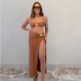 Kit 03 itens Biquíni Com Saída D Praia Longa Estrela Do Mar - Marrom