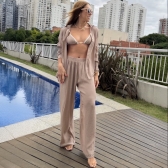 Saída de Praia Feminina Conjunto Camisa e Calça - Bege