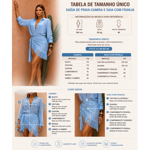 Conj Saída De Praia Chemise Manga Longa E Saia Franja Resort - Azul Bebê