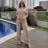 Saída de Praia Feminina Conjunto Camisa e Calça - Bege
