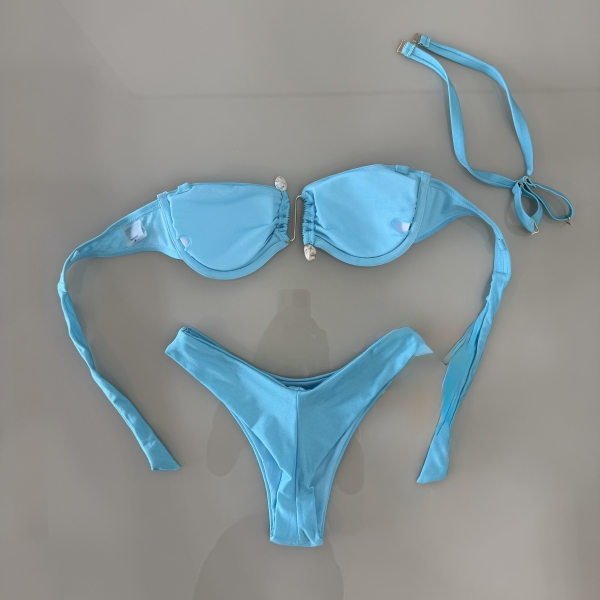 Kit Biquini Aplique Em Pedraria + Saia Com Amarração Frontal - Azul