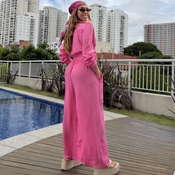 Saída de Praia Feminina Conjunto Camisa e Calça - Rosa
