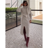 Conjunto Tricot Blusa com Cachecol Fixo Saia Midi com Fenda - Mescla