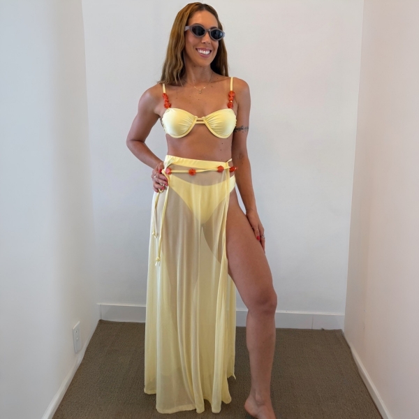 Kit 3 Ítens Biquíni Saia Longa Transparente Pérolas Laterais - Amarelo