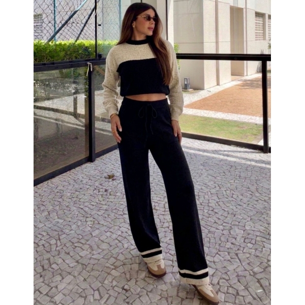 Conjunto Bicolor Tricot Inverno Blusa E Calça Pantalona - Preto/Mescla