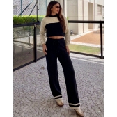 Conjunto Bicolor Tricot Inverno Blusa E Calça Pantalona - Preto/Mescla