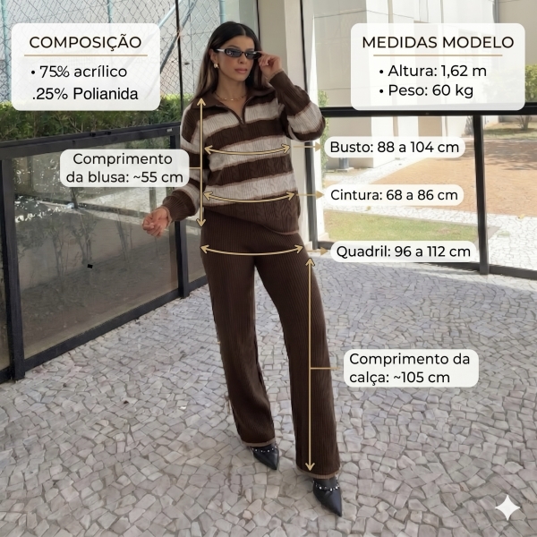 Conjunto Tricot Feminino Blusa Polo Listrada Zíper e Calça - Areia