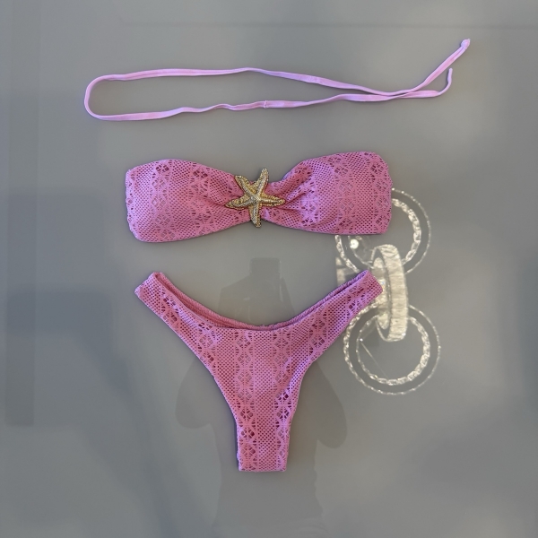 Conjunto De Biquini 3 Peças Em Renda + Saia Com Franja - Rosa