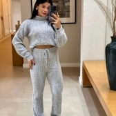 Conjunto De Tricot Mousse Feminino Com Blusa E Calça - Cinza