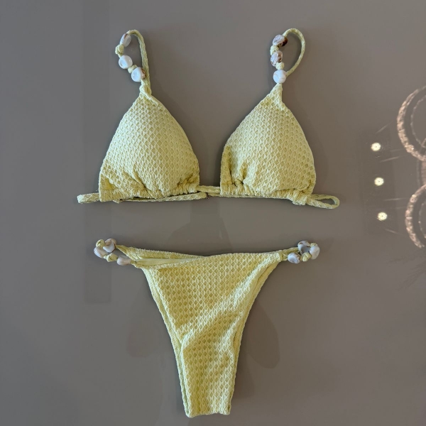 Kit Biquíni Calças + Top Cortininha E Calcinha Empina Bumbum - Amarelo Manteiga