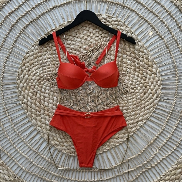Biquíni Estilo Retrô Hot Pants Com  Cintinho Charmoso - Laranja